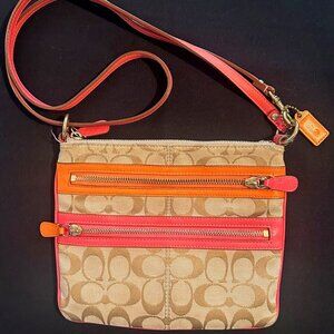 Coach Signature Crossbody Bag in Tan Canvas with Pink and Orange Accents